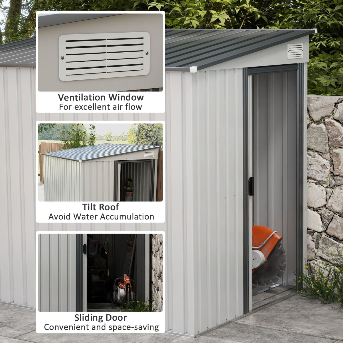 Outsunny 5 x 7ft Lean-To Metal Garden Shed with Foundation & Sliding Door – Tool and Bike Storage, White