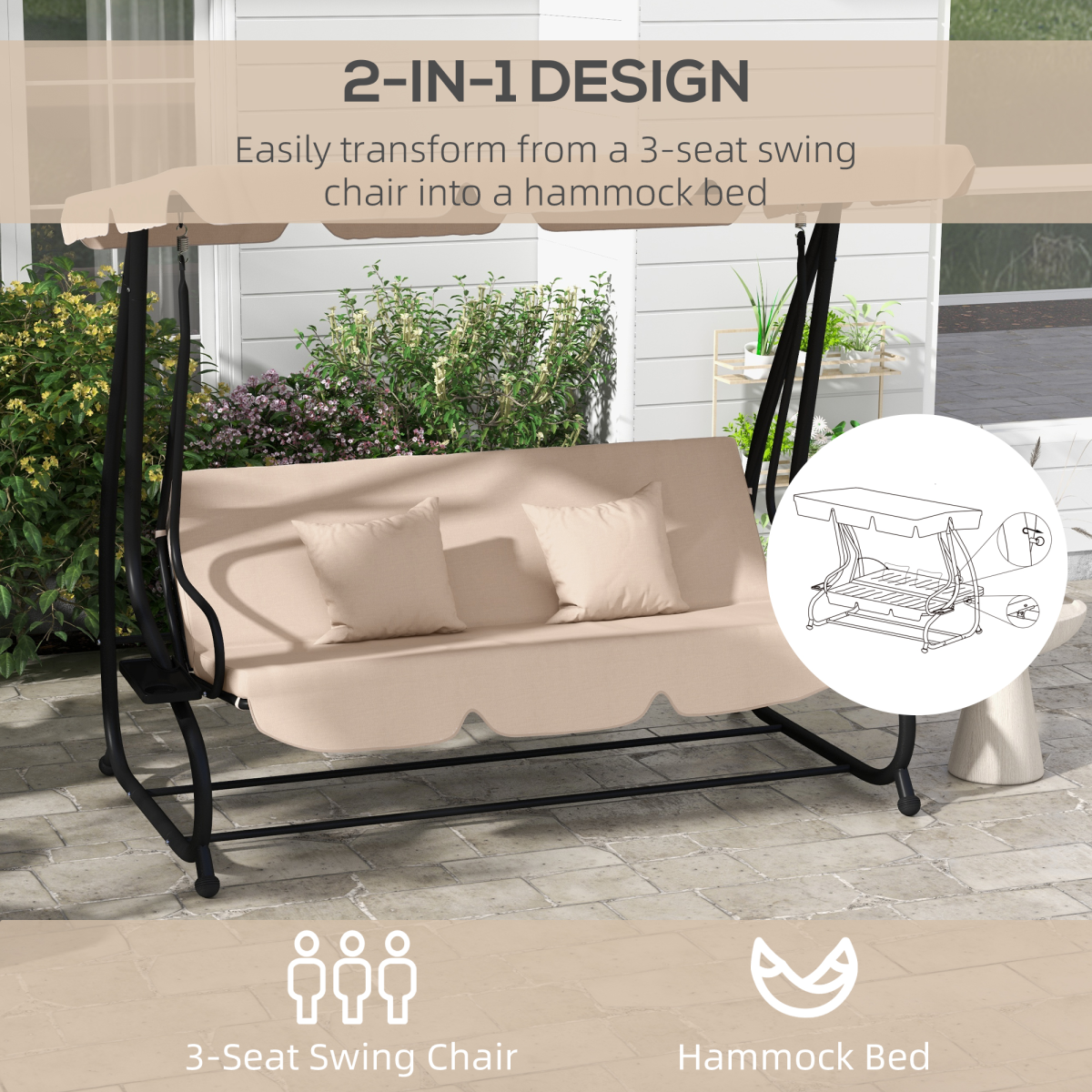 Outsunny 2-in-1 Garden Swing Chair for 3 People with Adjustable Canopy & Convertible Bed – Patio Hammock Seat, Light Brown
