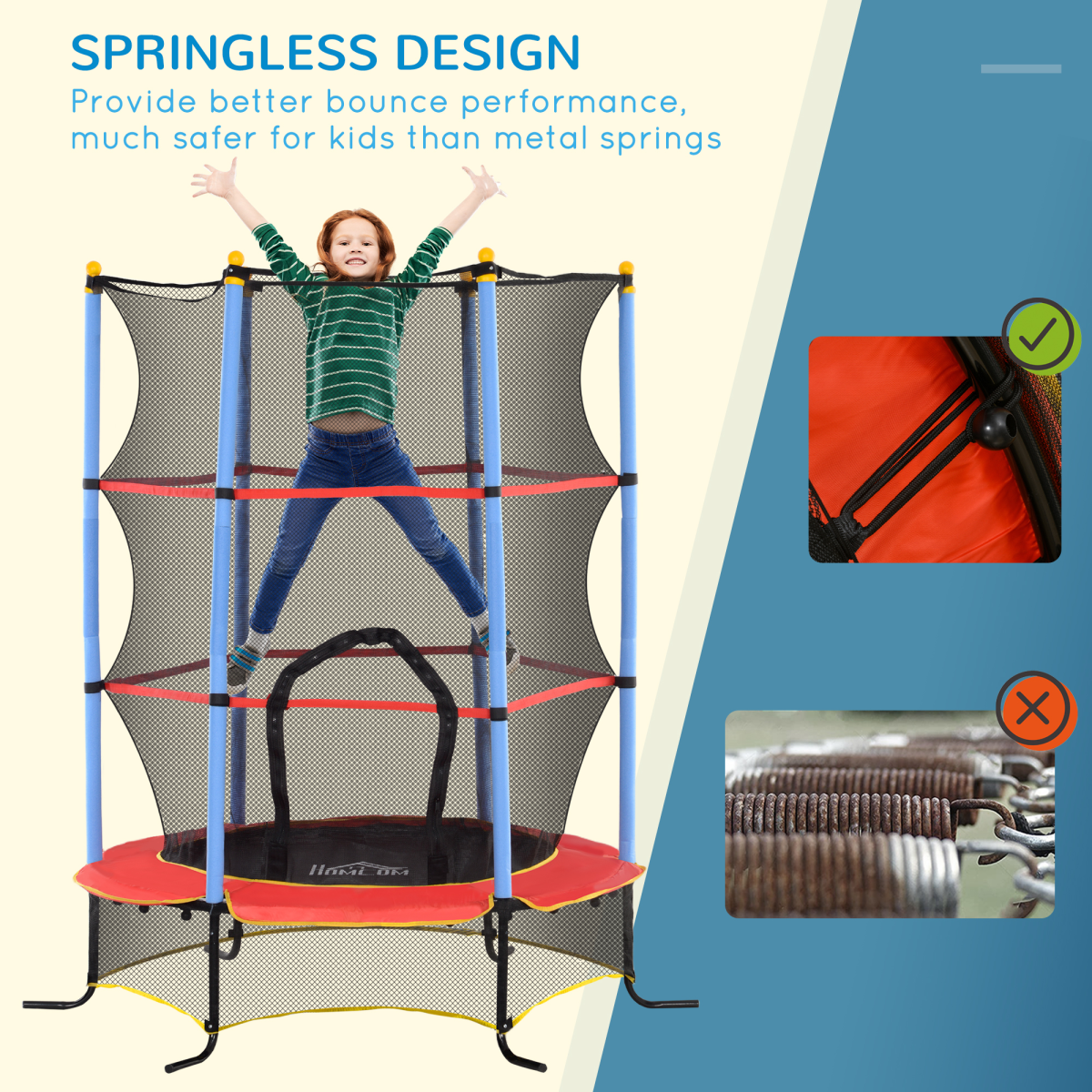 HOMCOM Kids Trampoline with Enclosure Net and Zipped Door – Bungee Design, Indoor Outdoor, Ages 3-10