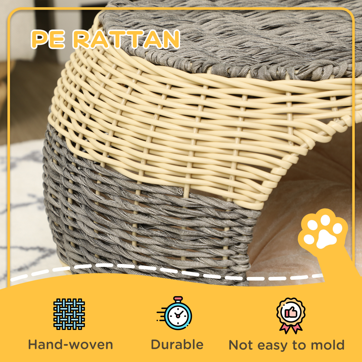 PawHut Wicker Cat House with Soft Cushion, PE Rattan Raised Cat Bed – Enclosed Pet Cave, 40 x 30cm