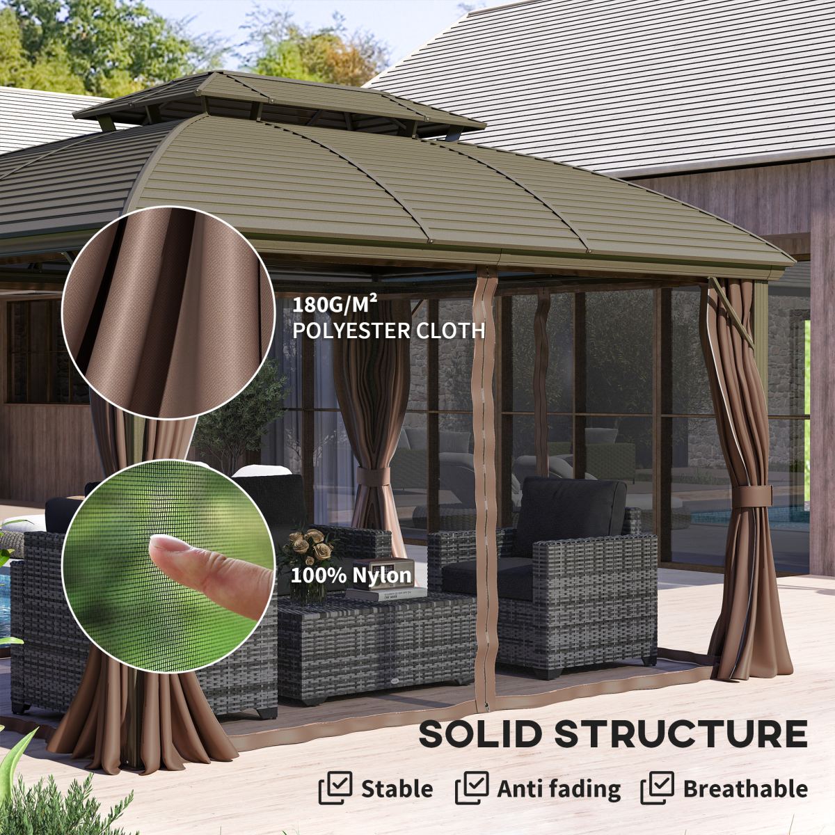 Outsunny 3.65x3m Aluminium Hardtop Gazebo with Double Roof, Mesh Sidewalls & Curtains – Coffee