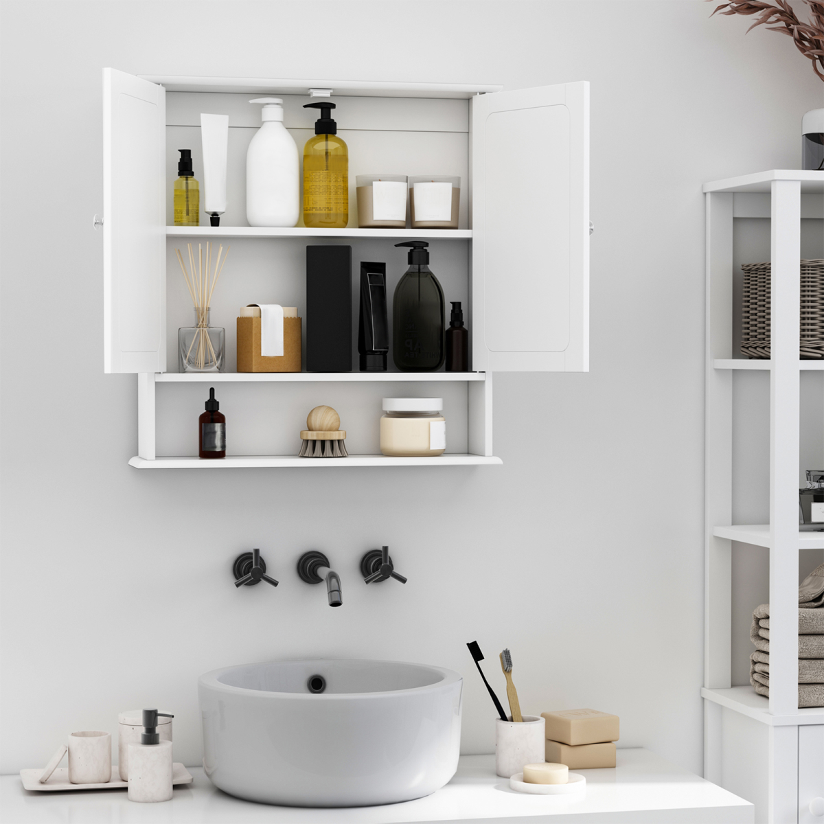 kleankin Wall-Mounted Bathroom Mirror Cabinet with 2 Mirrored Doors and Adjustable Shelf – White MDF