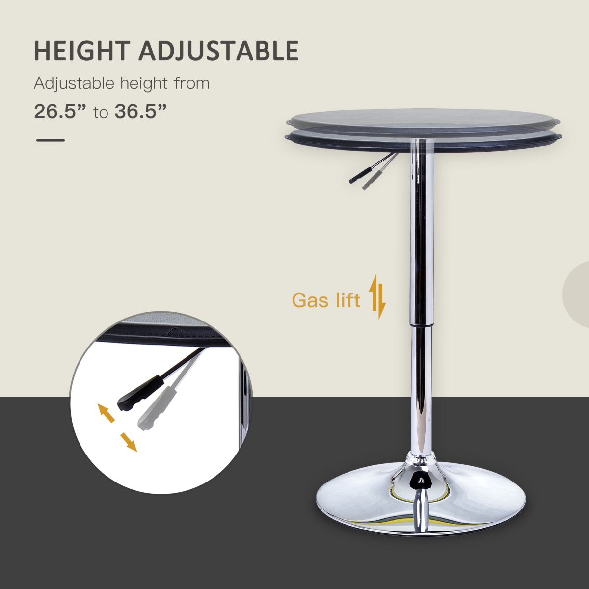 HOMCOM Height Adjustable Round Bar Table with 360° Swivel Top and Chrome Steel Frame – Kitchen & Dining, Black