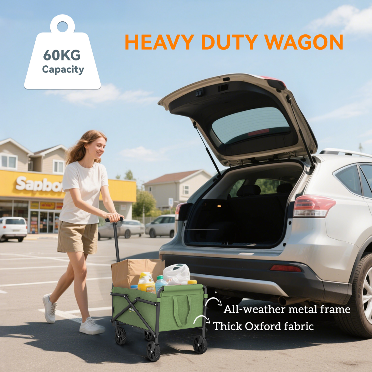 Folding Hand Truck with 41L Cargo Bag, 60kg Capacity & Telescoping Handle – Garden Cart Trolley, Green