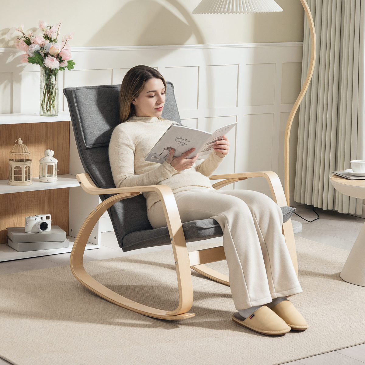 Rocking Chair with High Back, Headrest & Curved Wooden Frame – Linen-Feel Upholstered Armchair, Grey