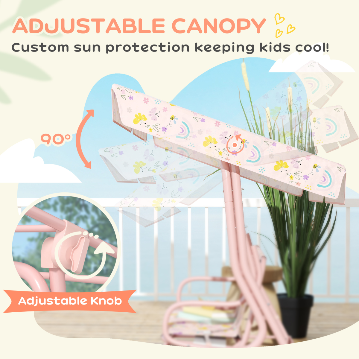 AIYAPLAY Kids Rainbow Canopy Swing Seat with Adjustable Sun Canopy & Safety Belts – Outdoor Garden Swing, Pink