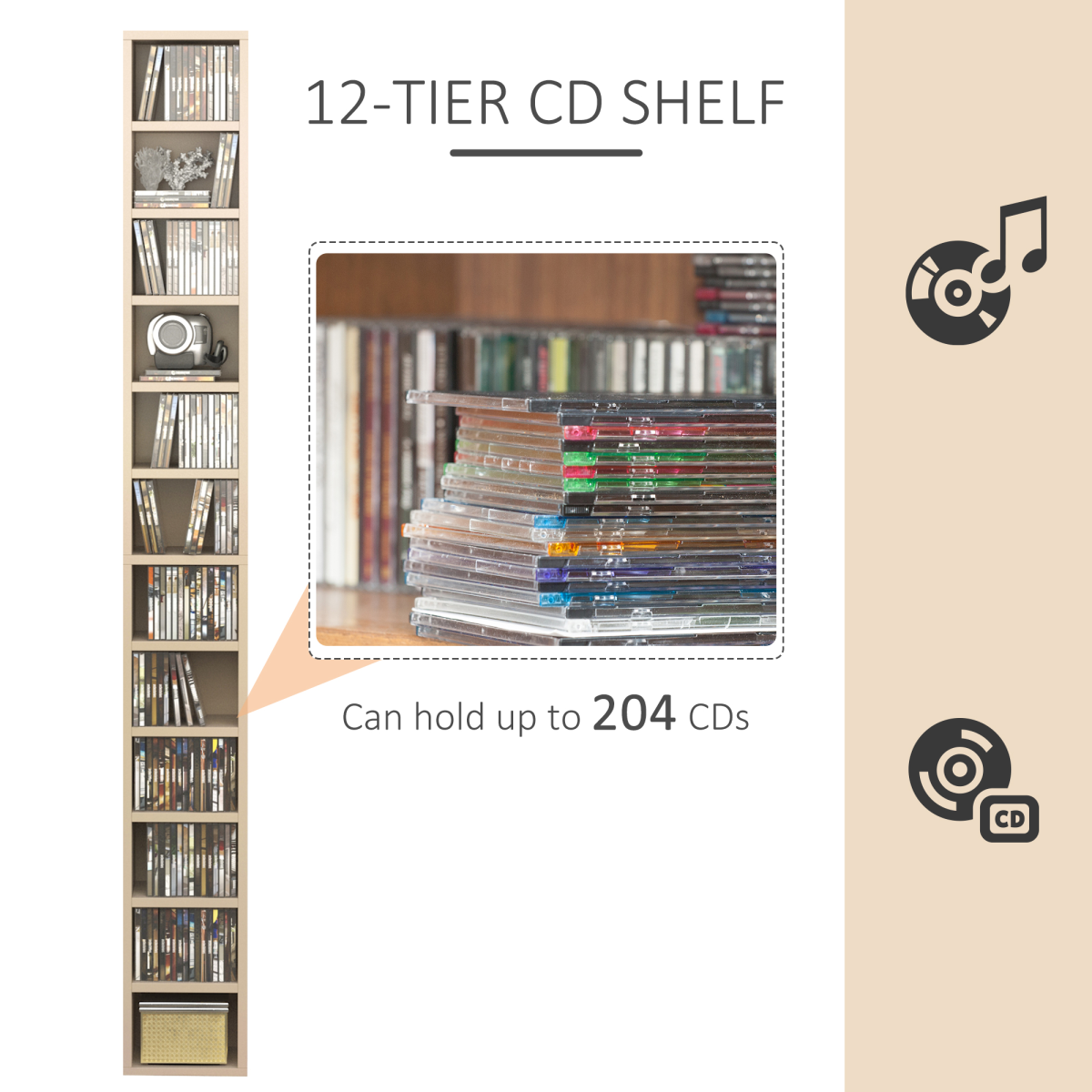 HOMCOM 12-Tier Multimedia Storage Shelf for 204 CDs, Blu-rays and Video Games – Wide Base, Pine Wood Colour