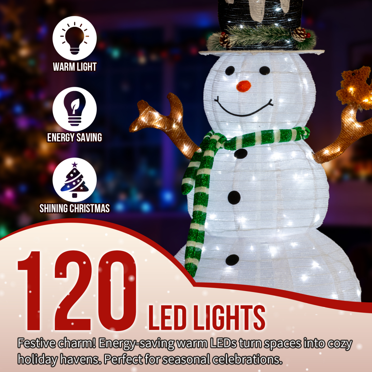 1.2m Pre-Lit Pull-Up Snowman & Squirrel Christmas Decoration with 120 White LEDs – Indoor & Outdoor Yard Decor