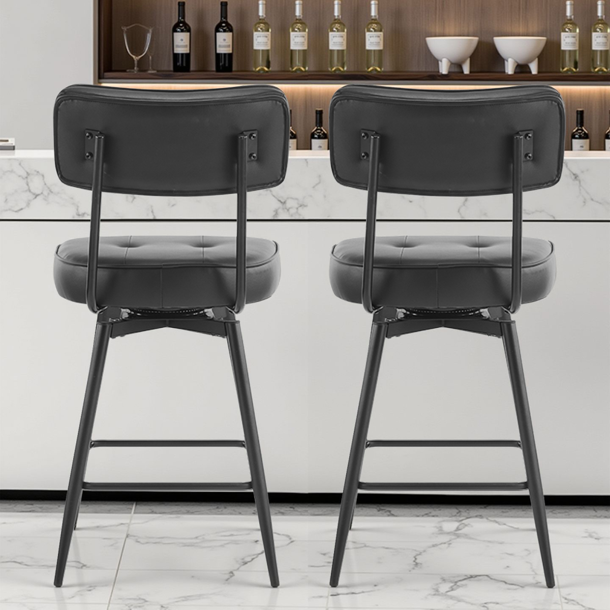 Set of 2 Black PU Leather Swivel Bar Stools with Button-Tufted Backrest & Footrest – Kitchen Island Seating