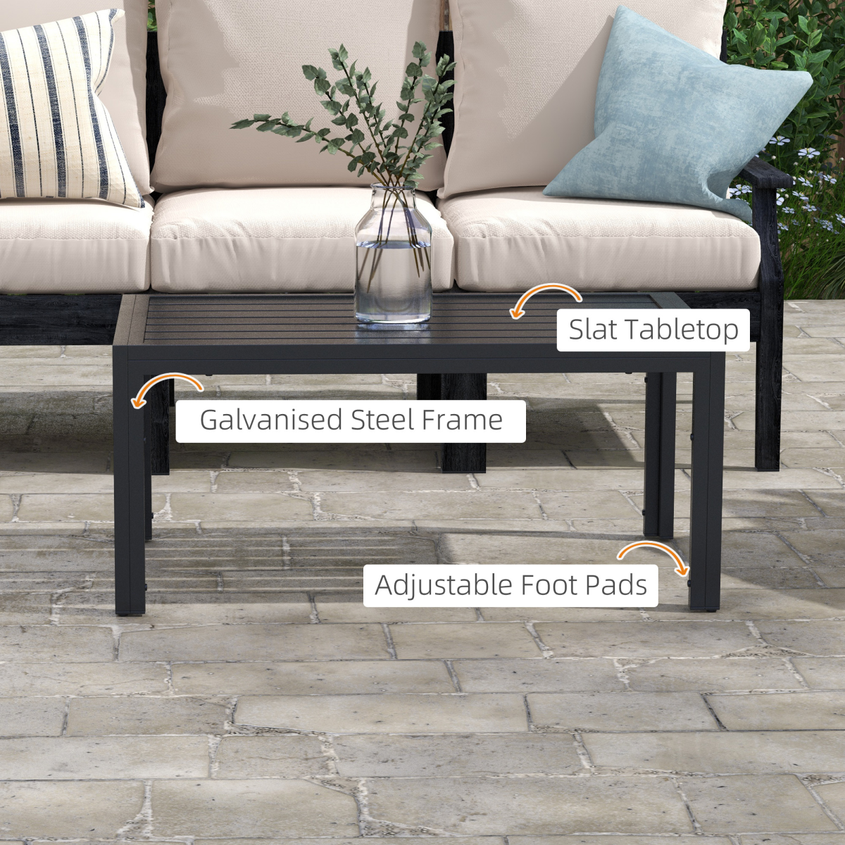 Outsunny Outdoor Side Table with Slatted Top & Galvanised Steel Frame – Patio, Balcony & Garden Table, Black