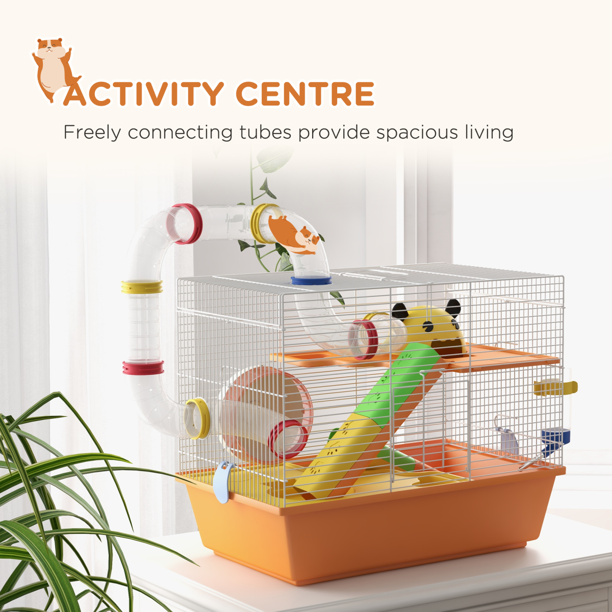 Hamster Cage with Running Wheel, Ramps, Platforms and Hut – Small Pet Cage for Dwarf Hamsters and Gerbils