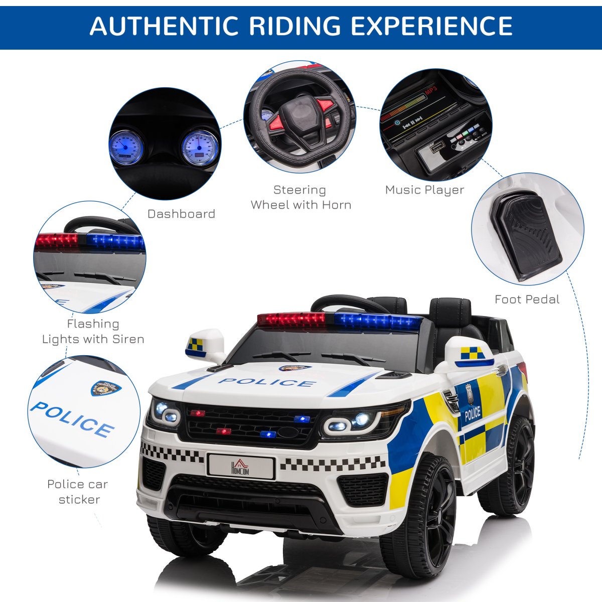 HOMCOM 12V Kids Electric Ride-On Police Car with Remote Control, Siren and Bluetooth – For 3-6 Years