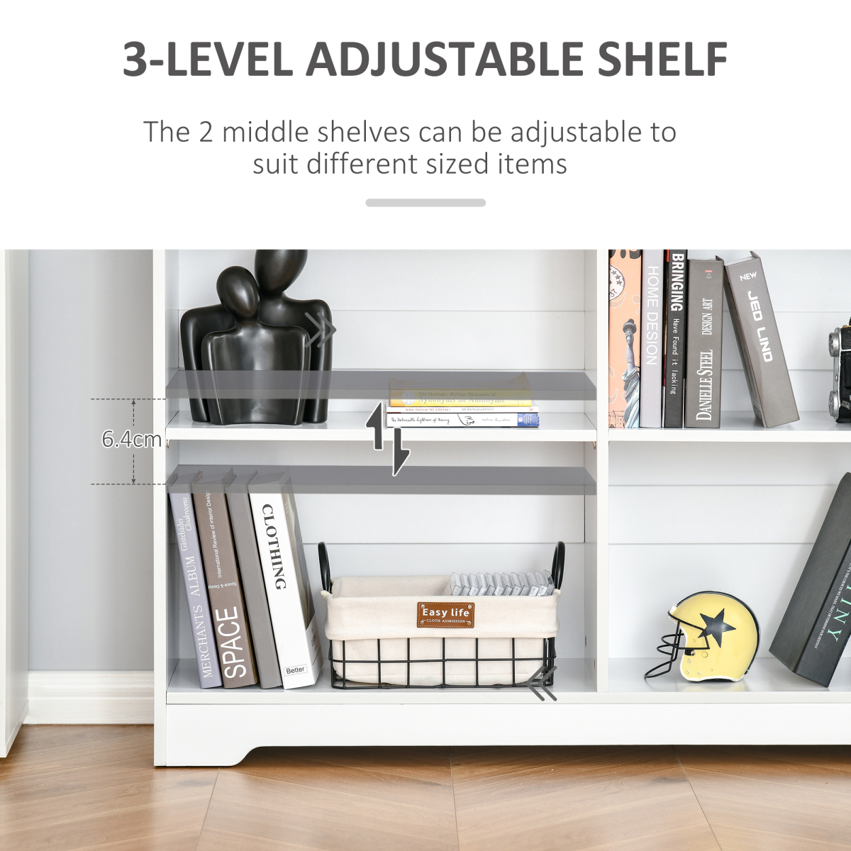 Modern 4-Compartment Low Bookcase with Adjustable Shelves and Anti-Tipping Straps – Cube Display Unit, White