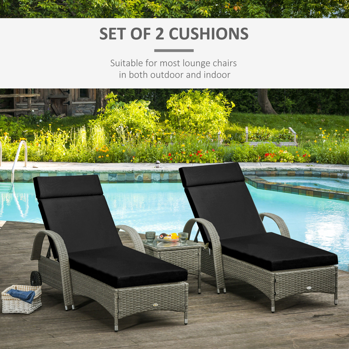 Outsunny Set of 2 Lounger Cushions with Ties, Thick Cotton Filling – Deep Seat Patio Cushions, Black