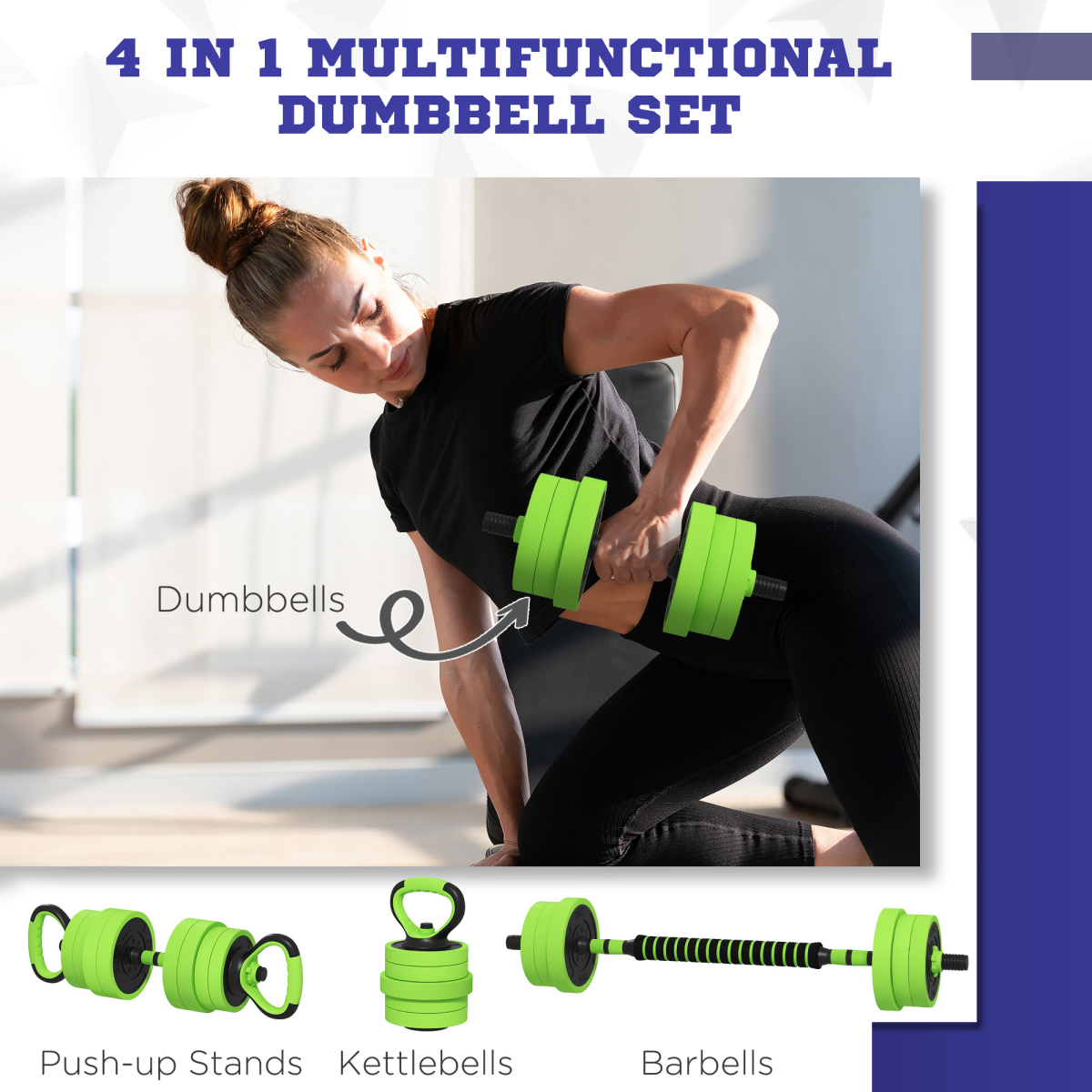 SPORTNOW 40kg 4-in-1 Adjustable Weight Set – Dumbbells, Barbell, Kettlebell & Push Up Stands, Home Gym, Green