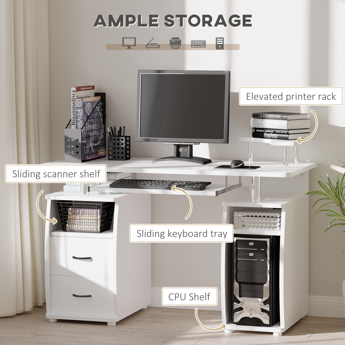 HOMCOM Computer Workstation with Keyboard Tray, Side Drawer, Monitor & Scanner Shelf – White Home Office Desk