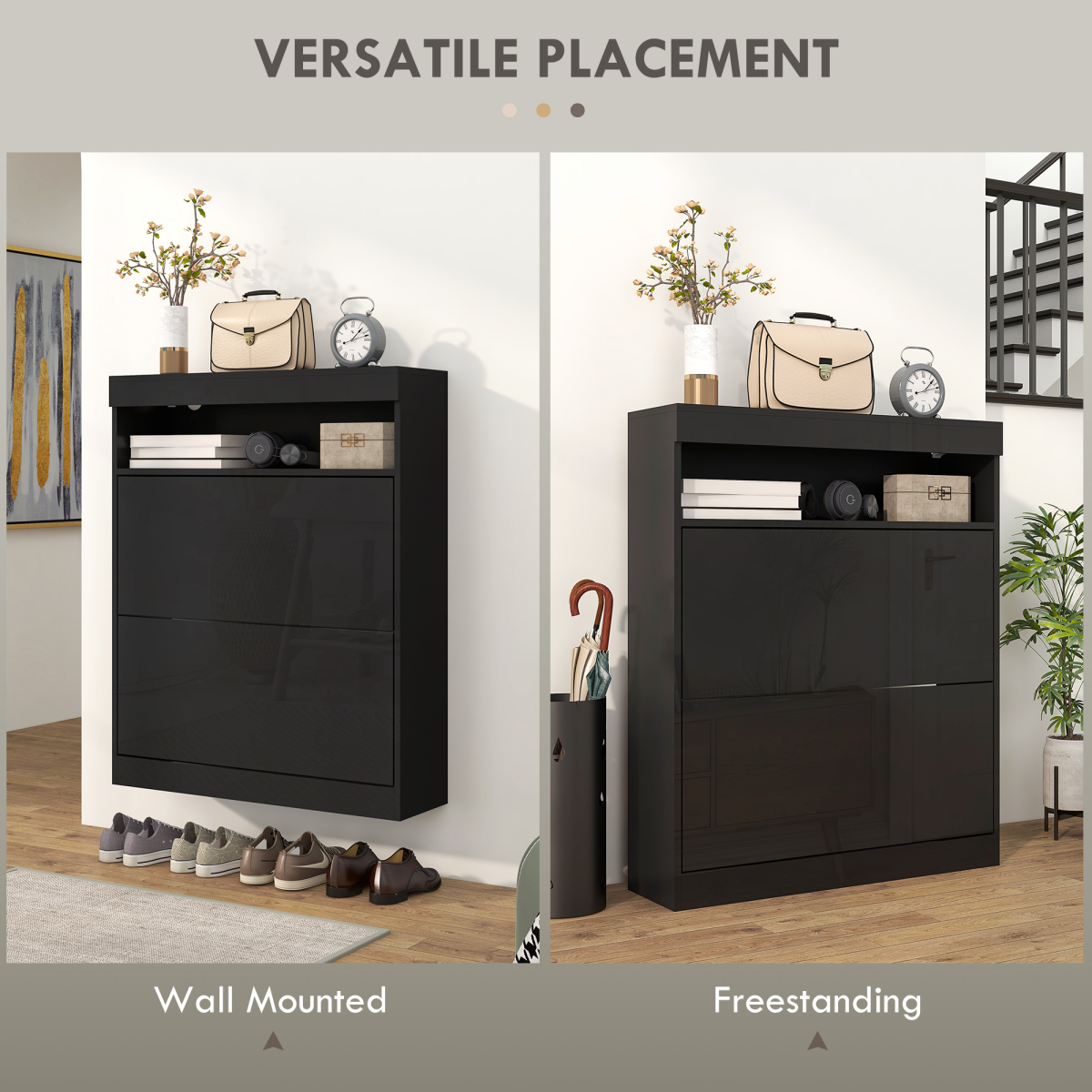 HOMCOM Wall Mounted or Freestanding Shoe Cabinet with 2 Flip Drawers – Slim Hallway Storage, Black