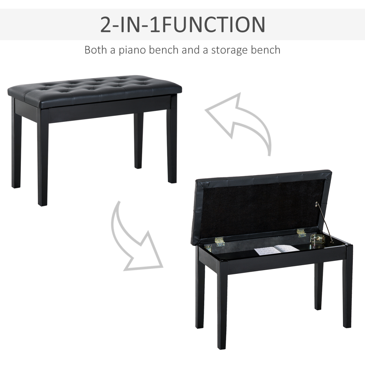 HOMCOM Duet Piano Stool with Storage & Tufted Faux Leather Seat – Solid Wood Keyboard Bench, Black