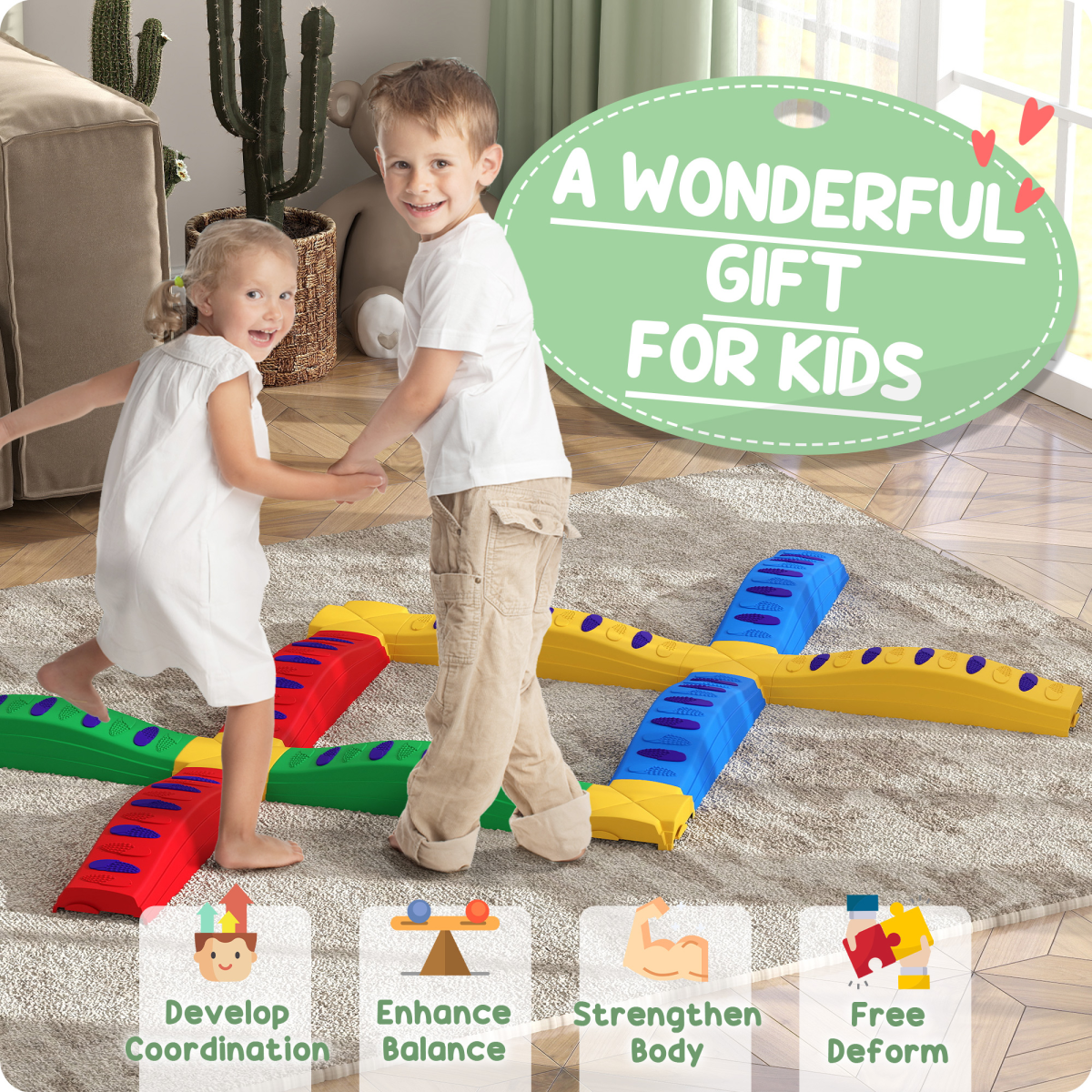 AIYAPLAY 12 Piece Kids Balance Beam Stepping Stones Set with Non-Slip Foot Pads – Indoor Outdoor, Multicoloured
