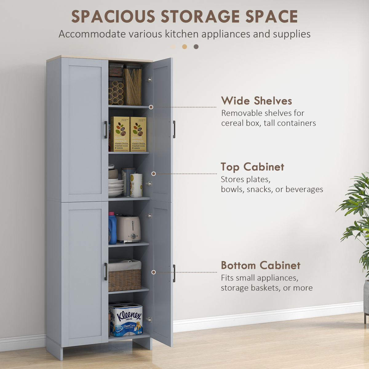 HOMCOM Modern Kitchen Cupboard Storage Cabinet with 6 Shelves & Enclosed Doors – Freestanding Pantry, Grey