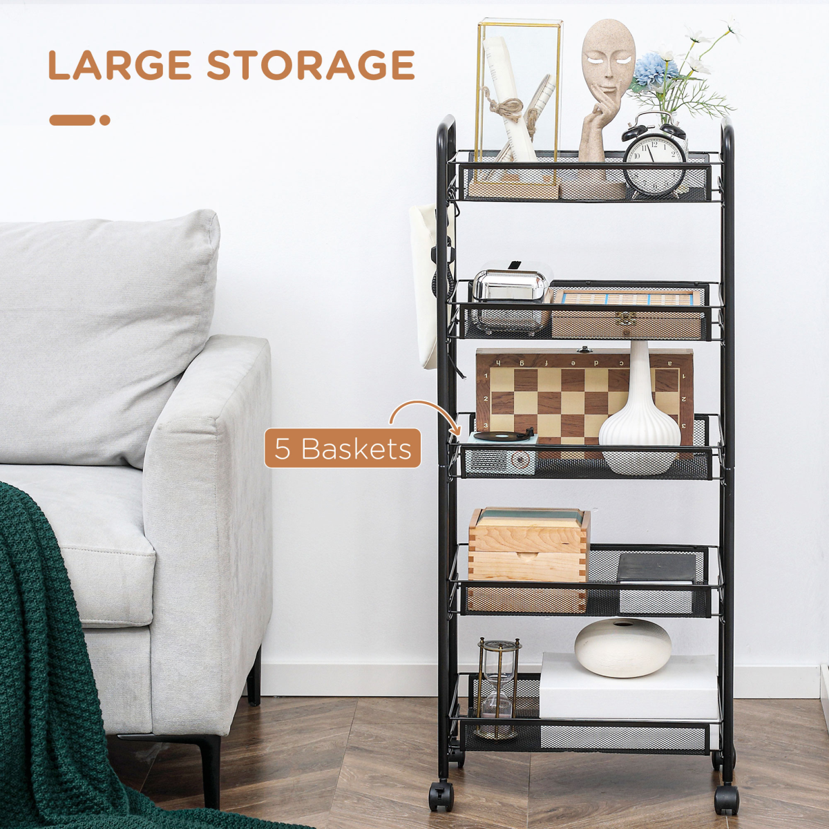 HOMCOM 5 Tier Utility Rolling Cart with Removable Mesh Baskets and Lockable Wheels – Storage Trolley, Black