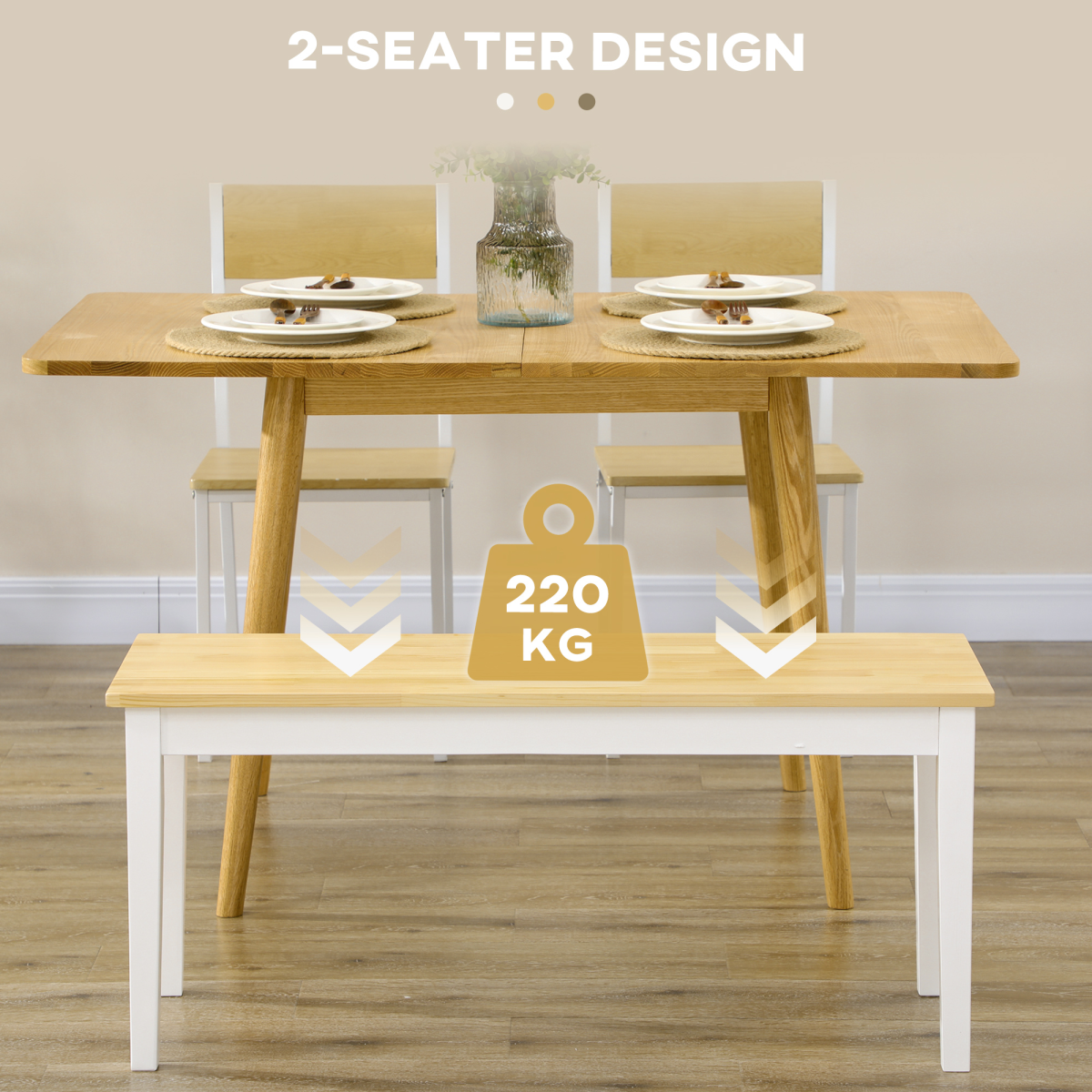 HOMCOM 2-Seater Wooden Dining Bench – Tuck-Under Seating for Dining Rooms & Hallways, Natural Wood Effect