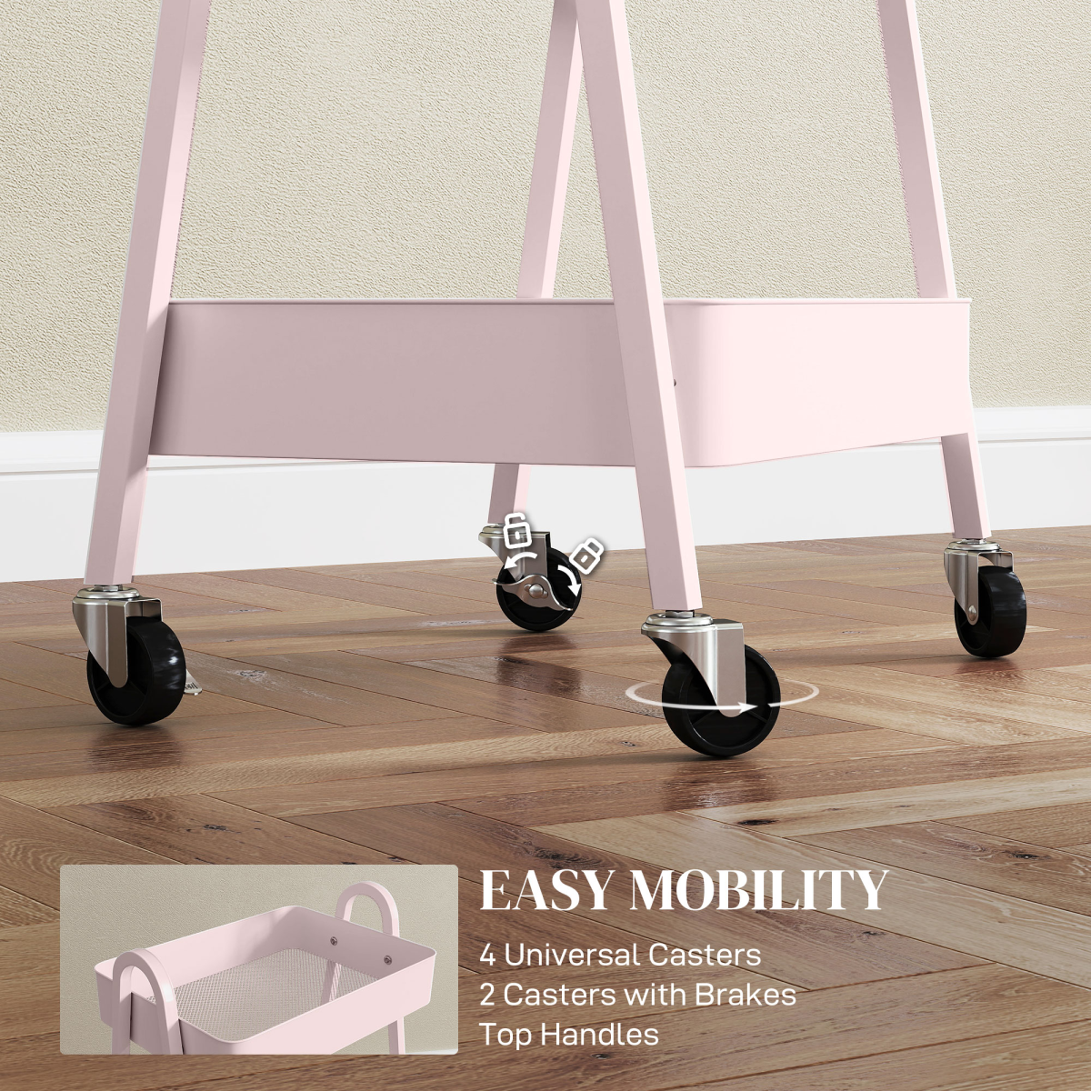 HOMCOM 3-Tier Rolling Utility Cart with Mesh Trays – Kitchen Storage Trolley, Pink