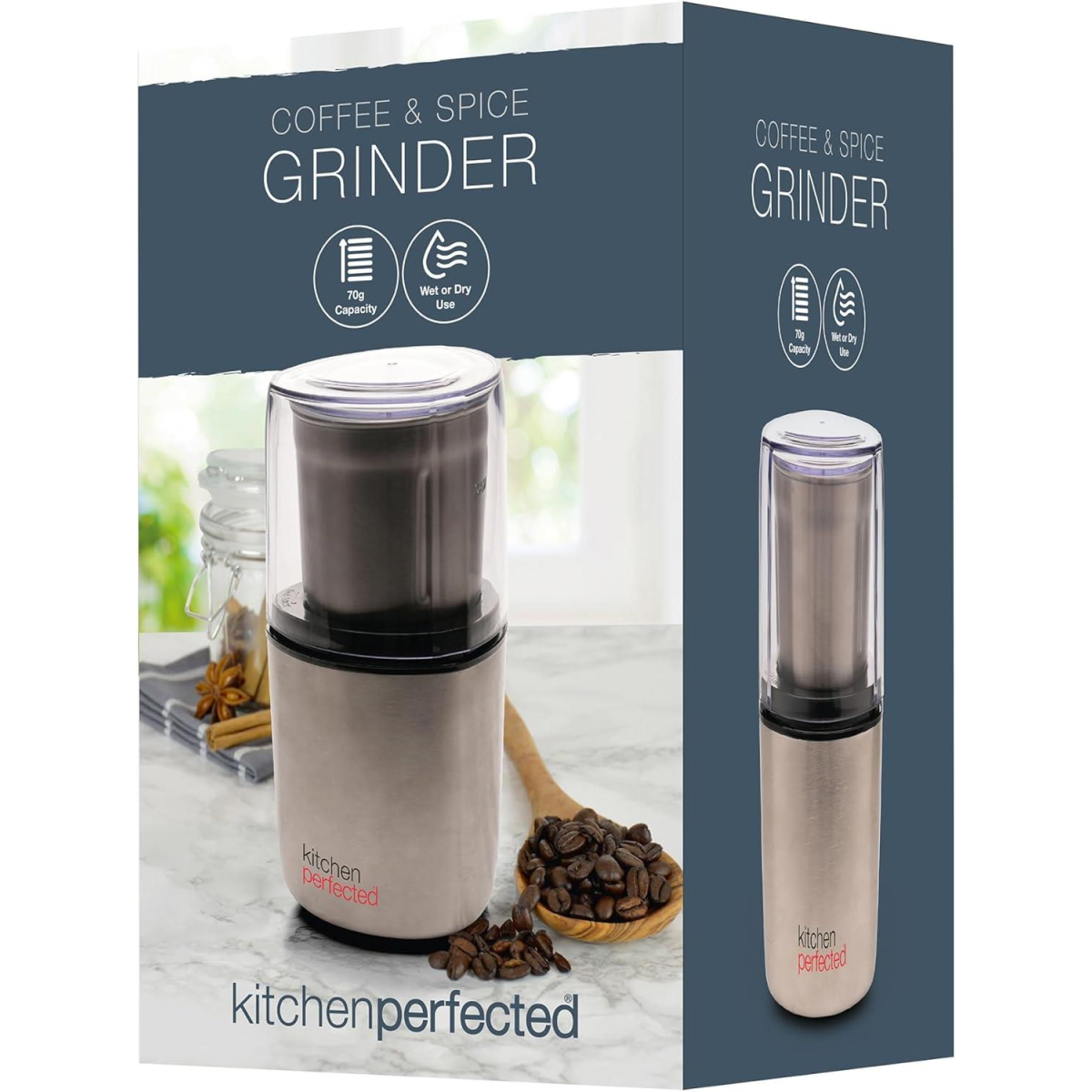 KitchenPerfected 200W Spice & Coffee Grinder with One-Touch Pulse and Stainless Steel Blade – Brushed Steel