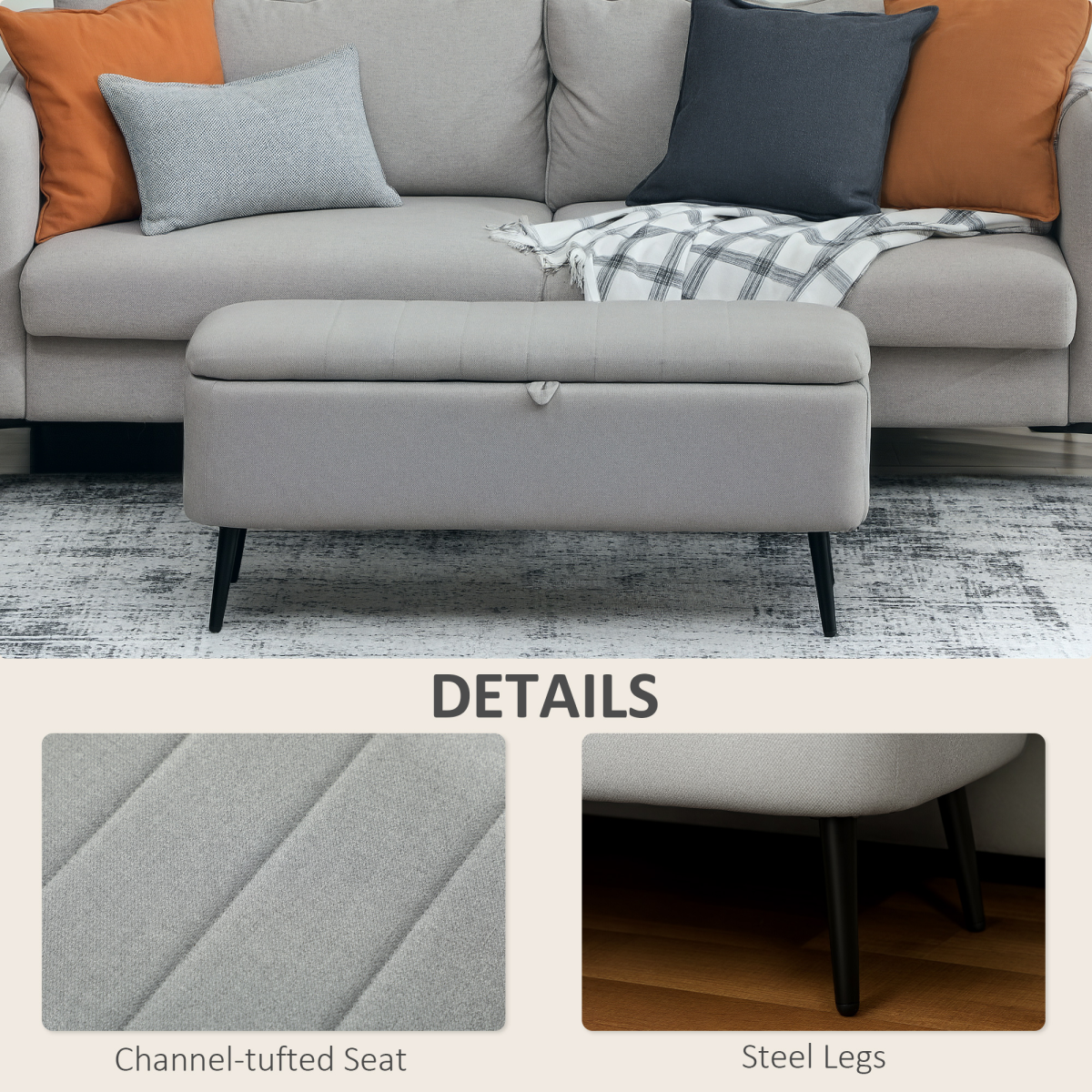 Storage Ottoman Bench with Padded Lid & Steel Legs – 102cm Linen-Touch Footstool with Hidden Storage, Dark Blue