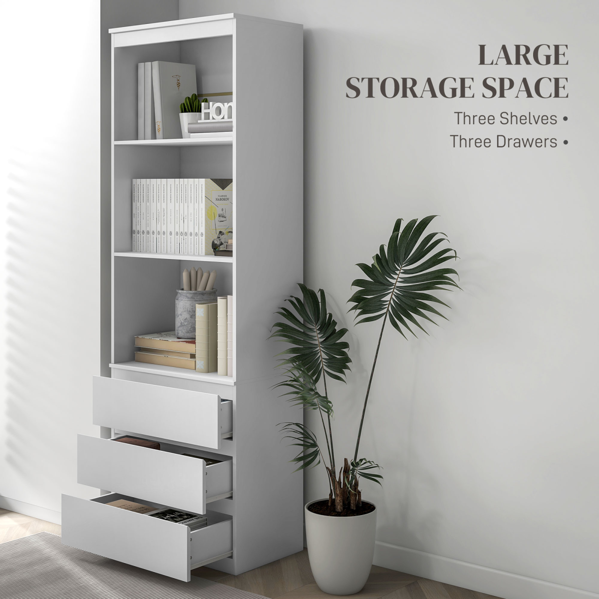 HOMCOM 180cm Tall Bookshelf Storage Unit with 3 Drawers & Open Shelves – Living Room Bookcase, White