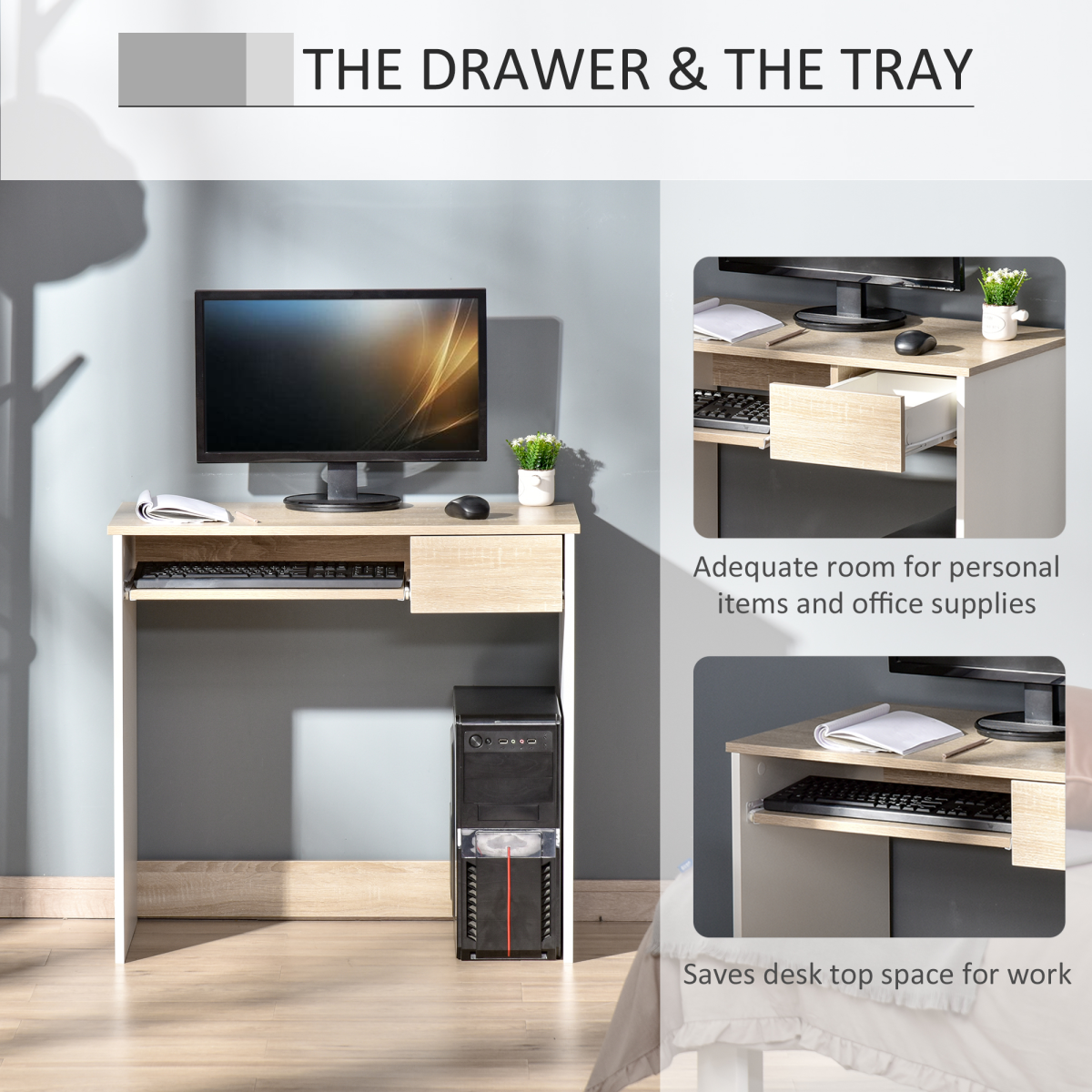HOMCOM Compact Computer Table with Keyboard Tray and Drawer – Home Office Desk, Oak