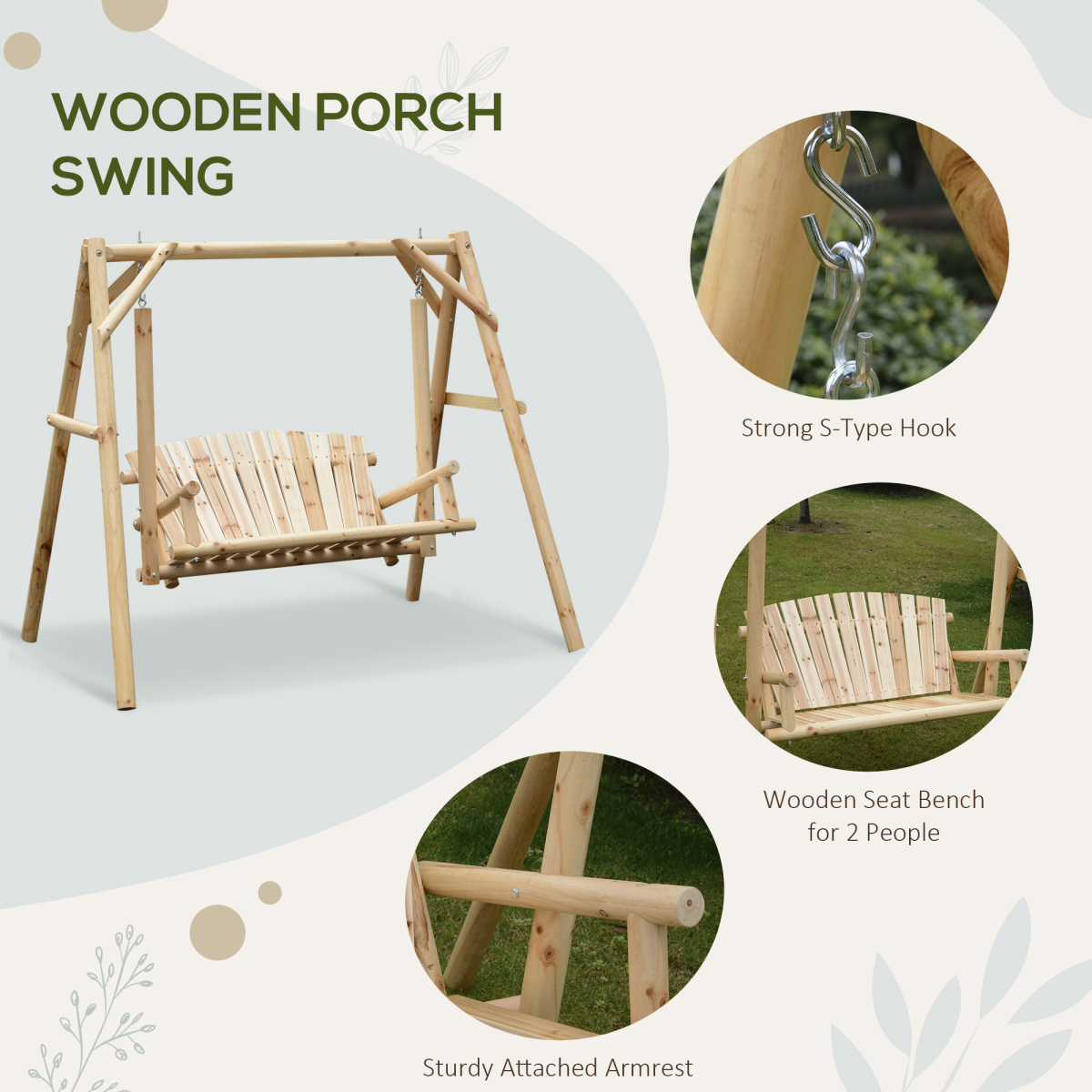 Outsunny 2-Seater Wooden Porch Swing Bench with Armrests & Curved Back – Rustic Garden Hanging Seat