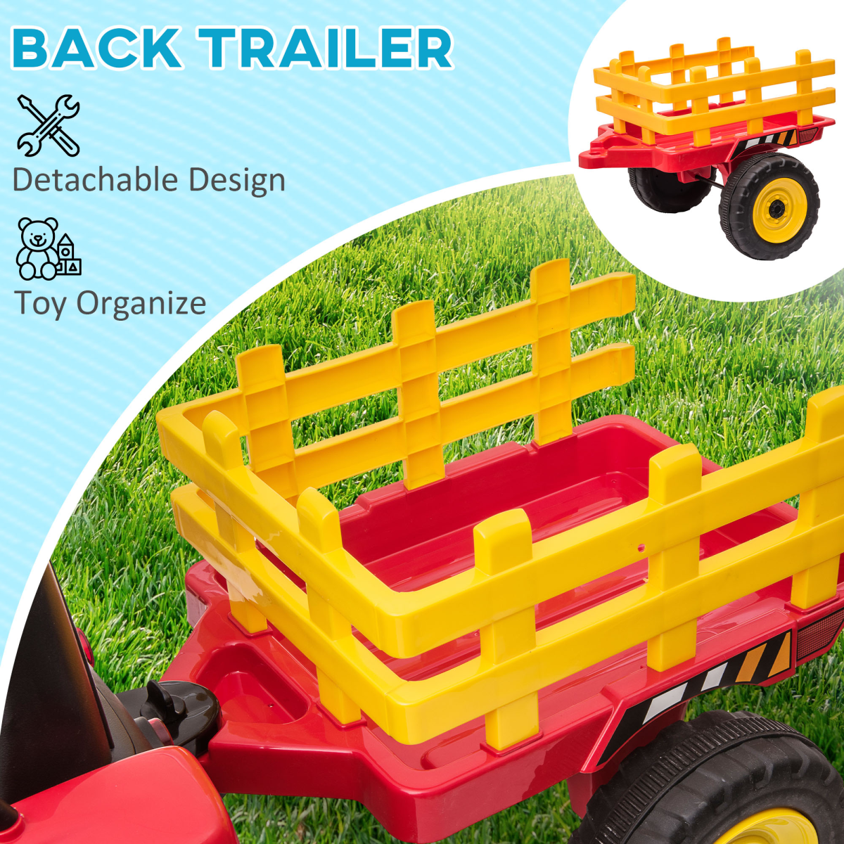 HOMCOM Ride-On Tractor with Detachable Trailer, Remote Control & Music – Kids Electric Toy, Red