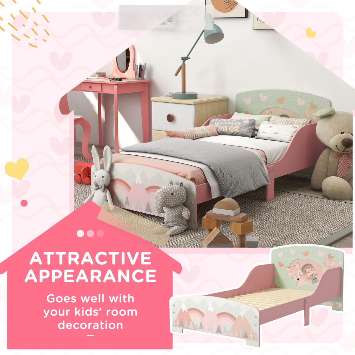 ZONEKIZ Animal Design Toddler Bed Frame with Raised Side Panels – Pink, Ages 3-6
