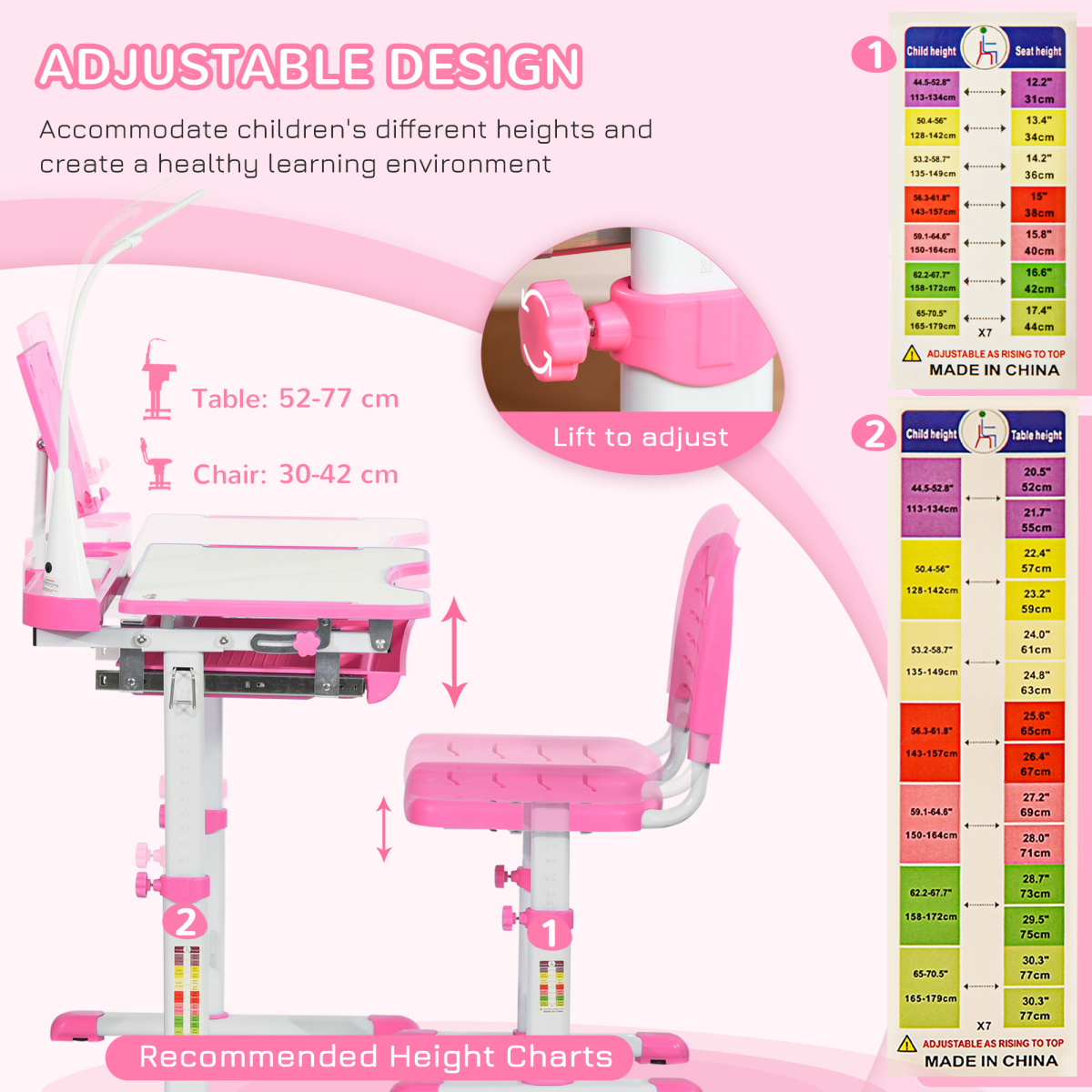 HOMCOM Kids Study Desk and Chair Set with Height Adjustment, Storage Drawer & USB Lamp – Pink