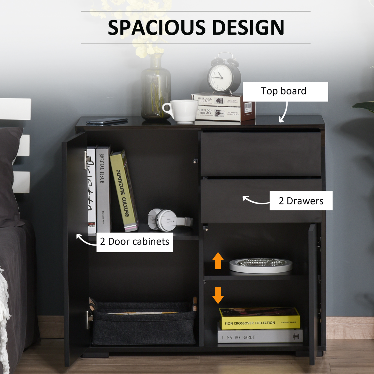 HOMCOM Gloss & Matte Side Cabinet with 2 Doors & 2 Drawers – Home Office Storage, Black