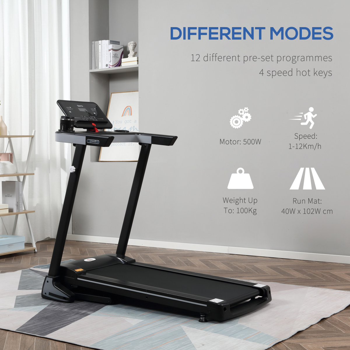 HOMCOM 500W Motorised Folding Treadmill, 1-12 km/h with 12 Preset Programs, LCD Display & Phone Holder