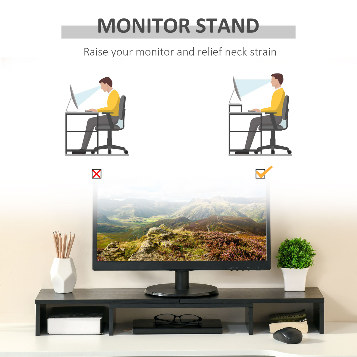 Vinsetto Monitor Stand Riser with Extendable Length 80-117cm and Three-Part Storage – Desk Shelf for Two Laptops