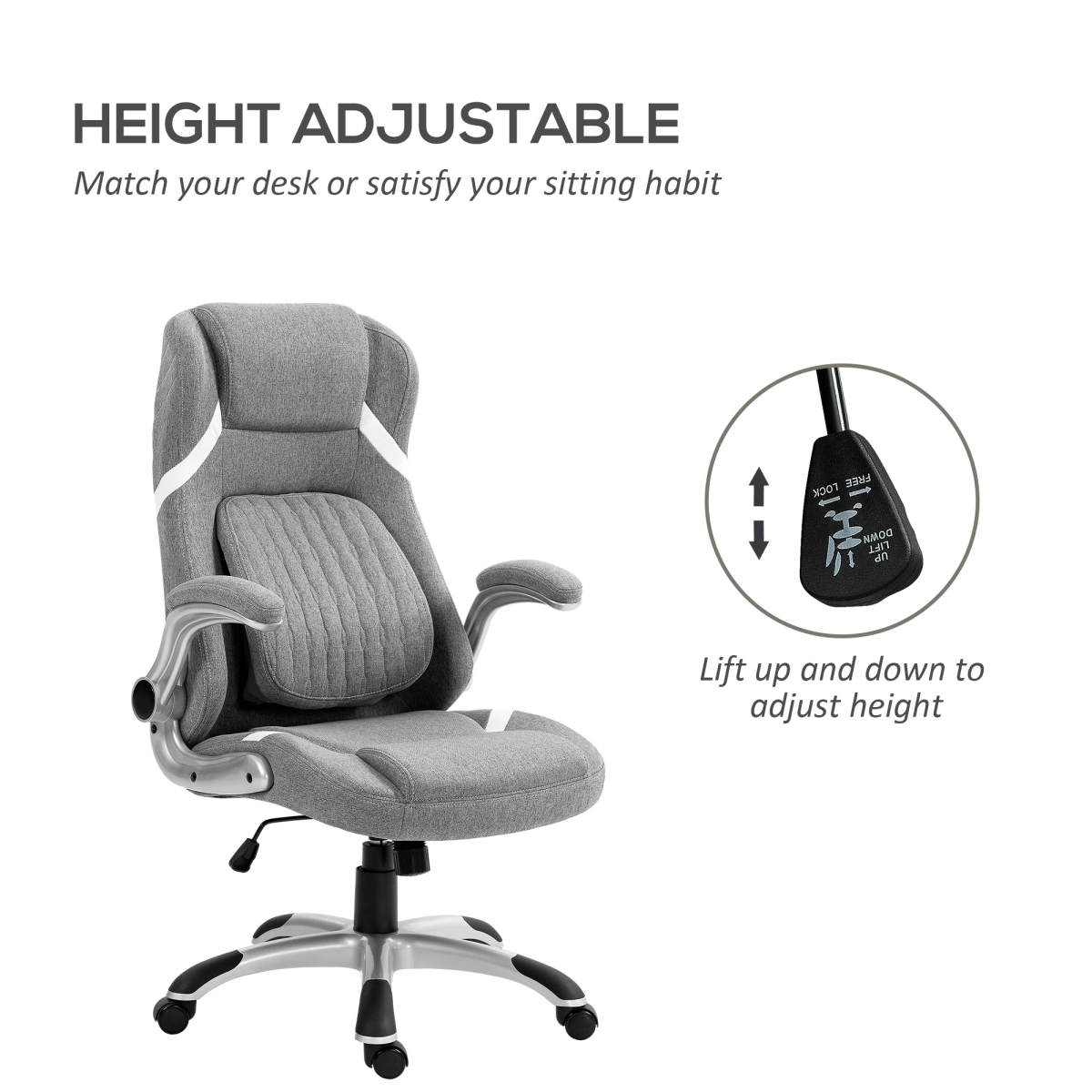 Vinsetto High Back Linen-Look Office Chair with Tilt, Lumbar Support & Flip-Up Arms – Grey
