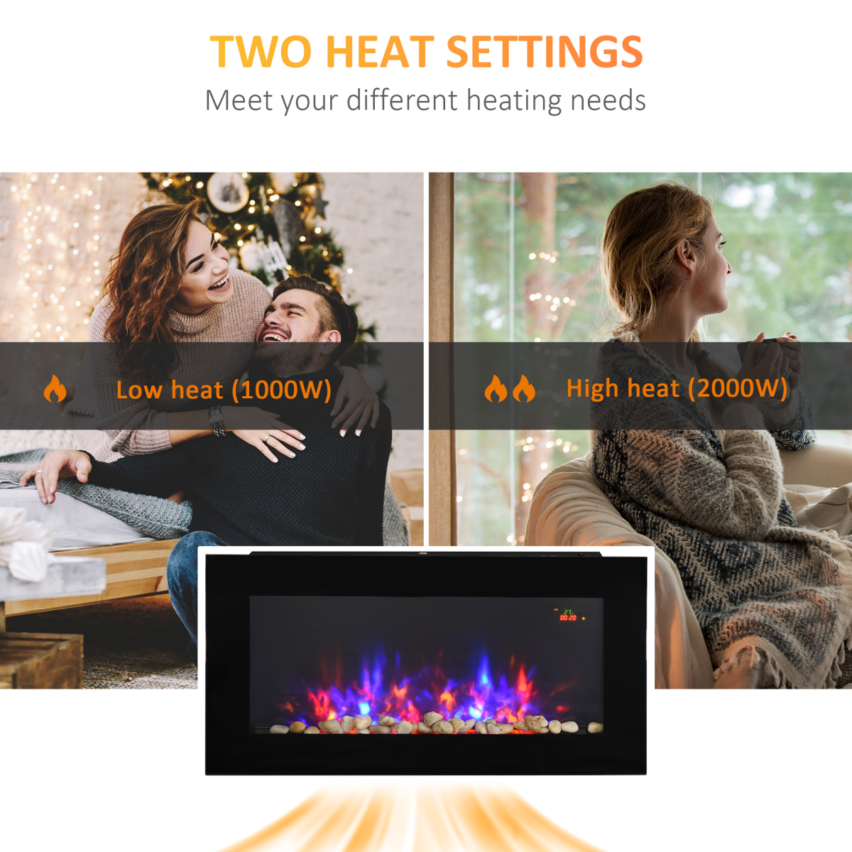 HOMCOM 1000W/2000W LED Electric Fireplace with Adaptive Heating, Remote Control & Timer