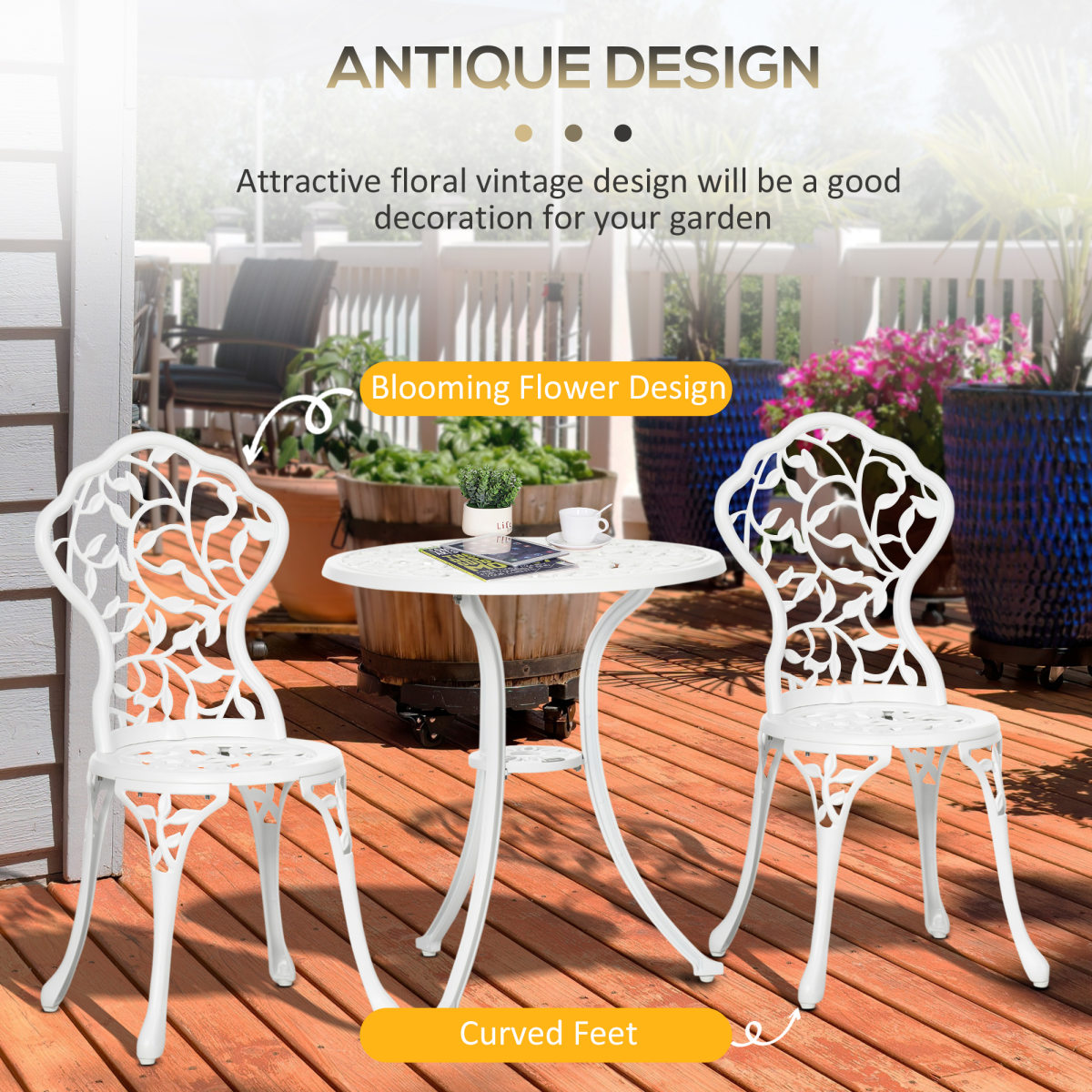 Outsunny 3-Piece Aluminium Bistro Set with Round Table & 2 Chairs – Floral Cut-Out, Garden Patio