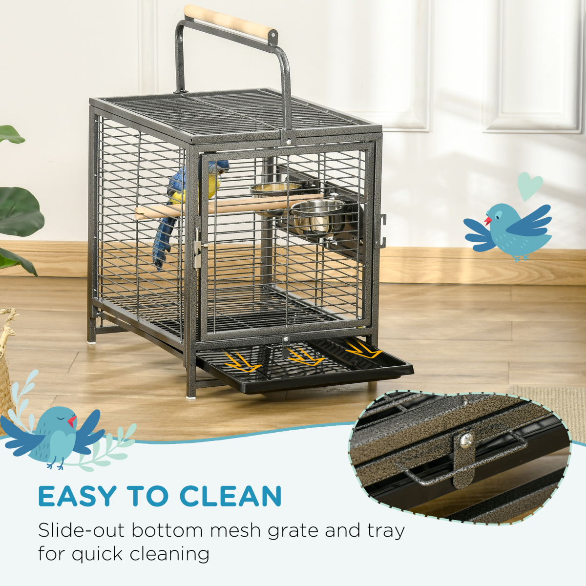 PawHut Parrot Cage Bird Carrier with Wooden Perch and Carry Handle – Steel Travel Cage, Black