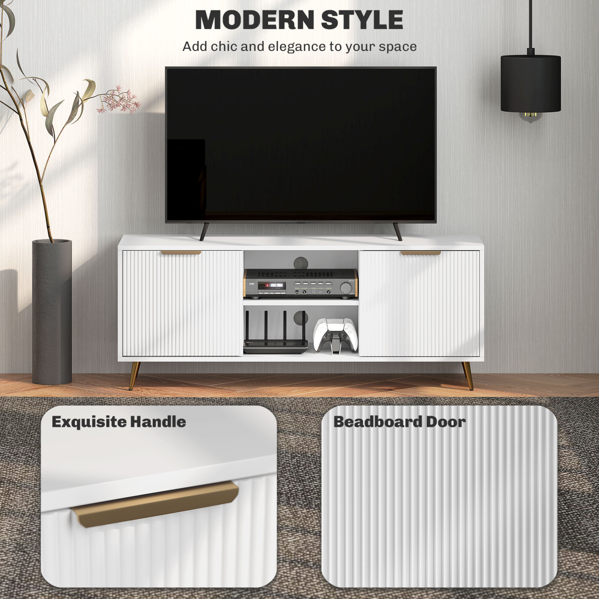HOMCOM Modern TV Stand Cabinet with Cupboards, Open Shelves & Cable Holes – Storage for TVs up to 55 Inch, White