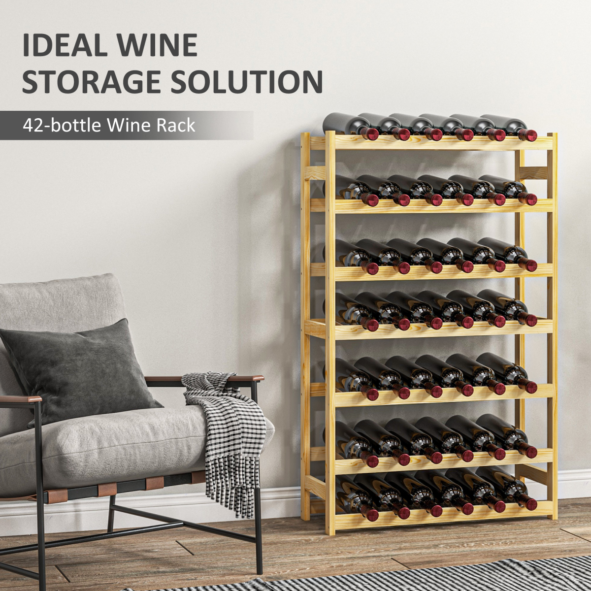 HOMCOM Freestanding Wooden Wine Rack for 42 Bottles – Pine Kitchen & Dining Storage, Natural