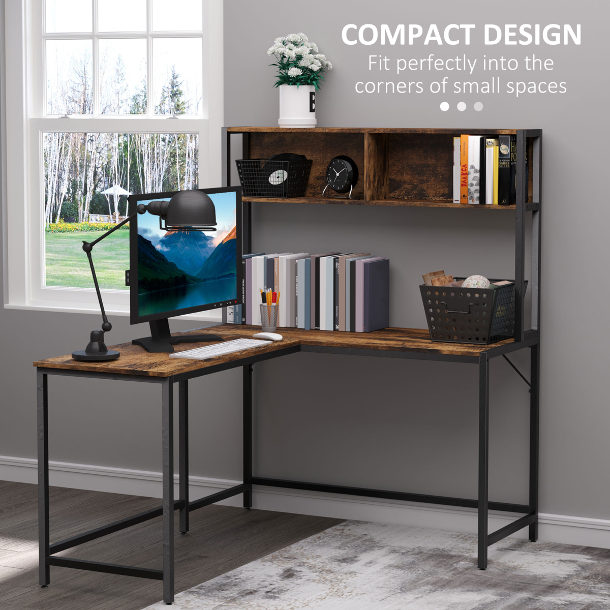 HOMCOM Industrial L-Shaped Desk with Upper Shelf, 149 x 140cm – Corner Home Office Workstation, Brown & Black