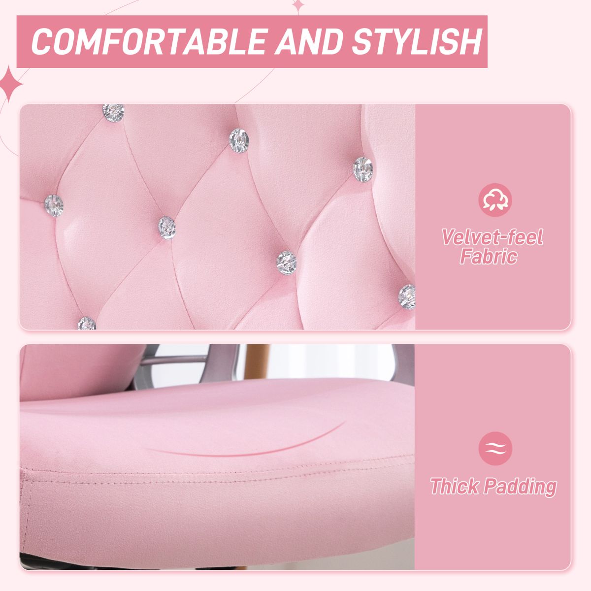Vinsetto Velvet-Feel Office Chair with Diamanté Back & Adjustable Tilt – Pink Desk Chair