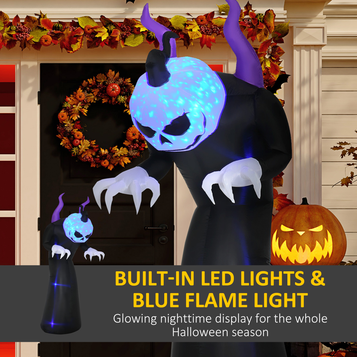 HOMCOM 7ft Inflatable Halloween Ghost with Horns and Flame Effect – Blow-Up Outdoor LED Display