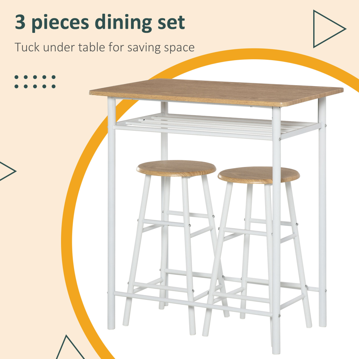HOMCOM 3-Piece Bar Height Dining Set with Table and Two Stools – Compact Breakfast Nook Furniture, White & Oak