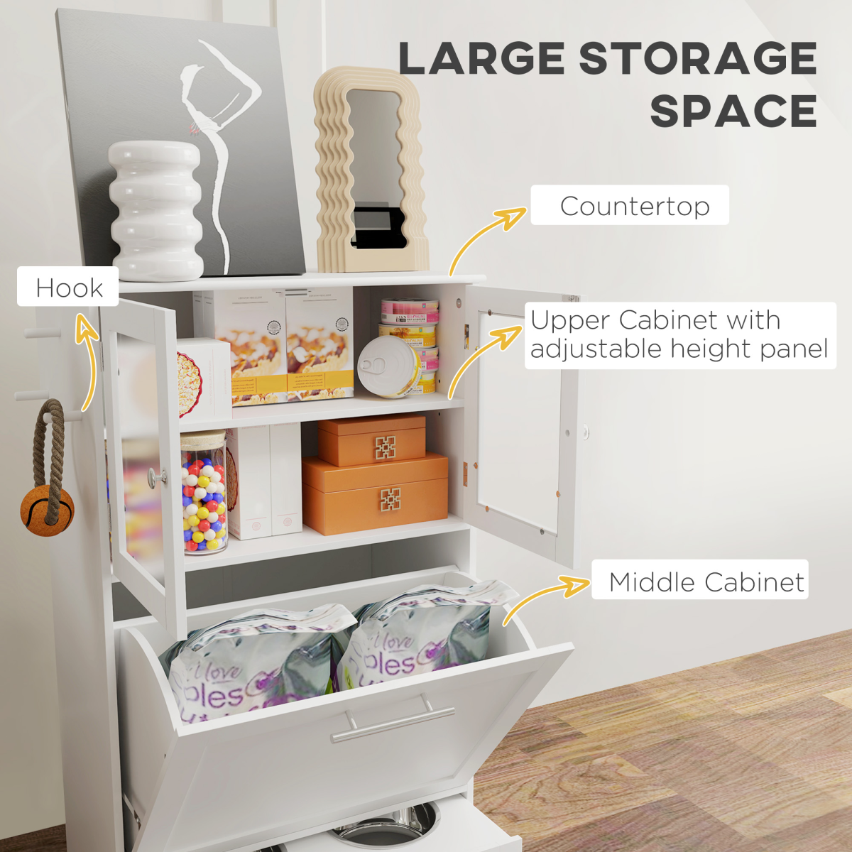 PawHut Dog Feeding Station with 2 Storage Cabinets, 2 Elevated Stainless Steel Bowls & Anti-Tip Kit, White