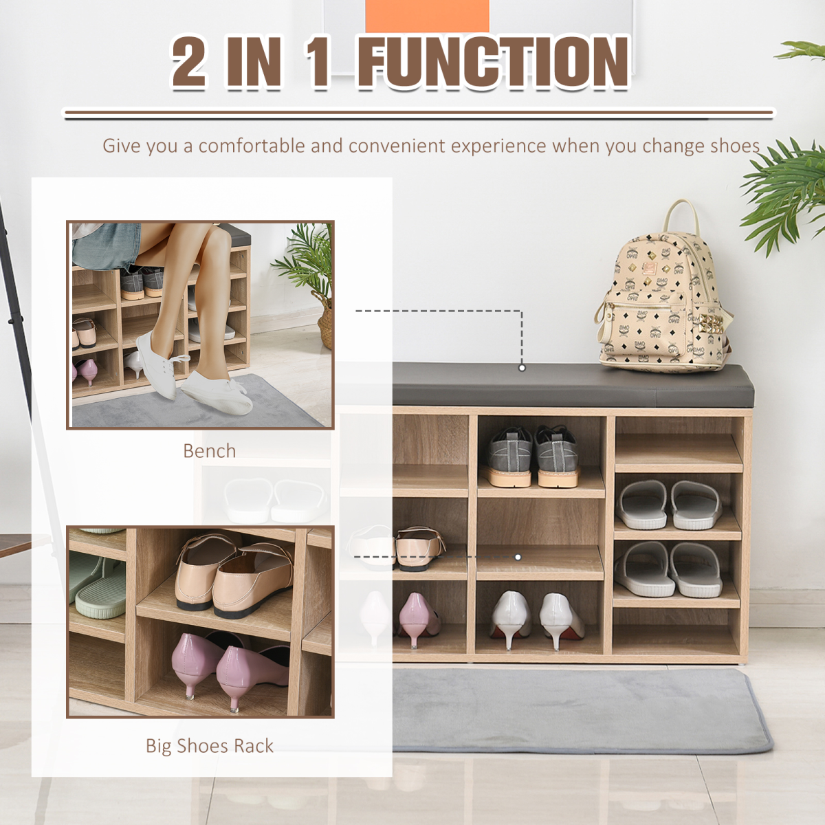 14-Compartment Shoe Rack Bench with Cushion & Adjustable Shelves – Hallway Shoe Storage Seat, Brown